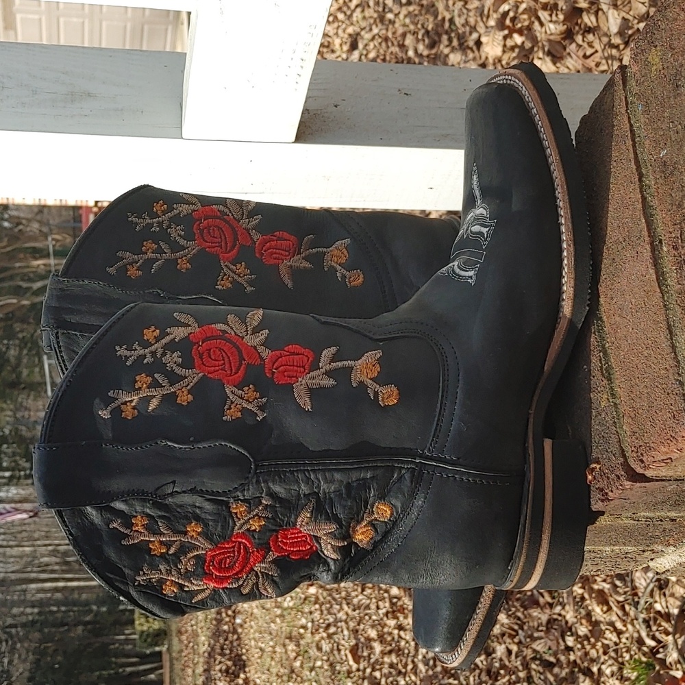 Halcones Rose Embroidered Square Toe Leather Cowb… - image 3